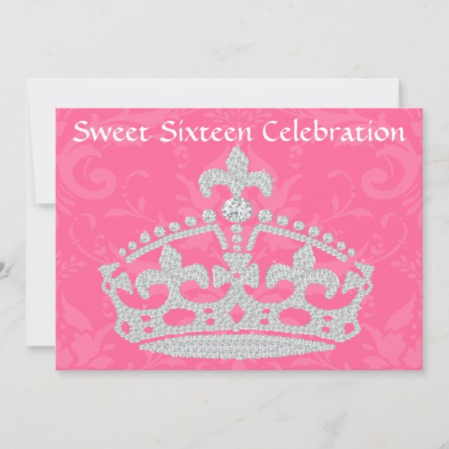 Elegant Pink Damask & Diamond Crown Sweet Sixteen Invitation (Front)