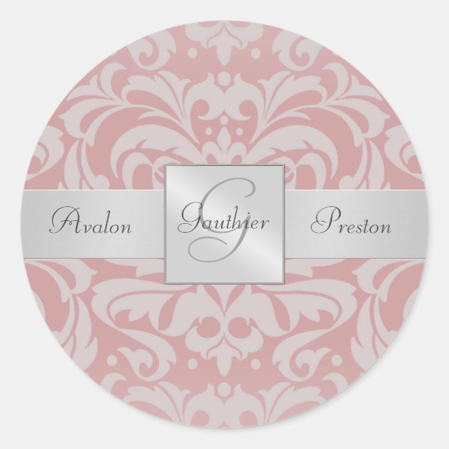 Elegant Pink Damask Monogram Wedding Sticker (Front)