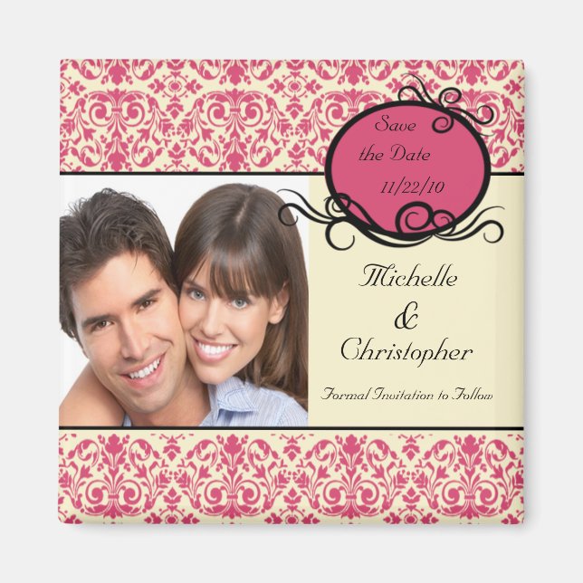 Elegant Pink Damask Photo Save The Date Magnet (Front)