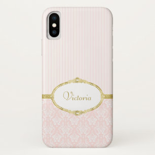 Elegant Pink Damask Vintage Gold Frame and Name iPhone X Case