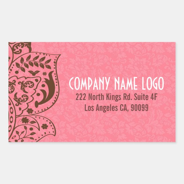 Elegant Pink Damasks  Brown Vintage Lace Rectangular Sticker (Front)