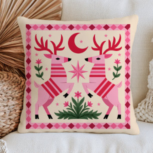 Elegant Pink Deers Bohemian Woodland Folk Art Cushion