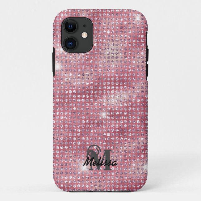 Elegant Pink Diamond Studded Pattern Monogram Name Case-Mate iPhone Case (Back)