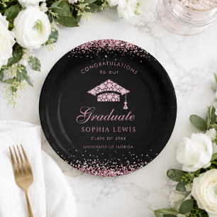 Elegant Pink Diamonds Cap Graduation Party Paper Plate