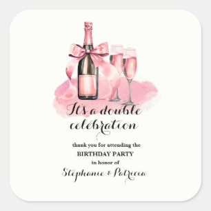 Elegant Pink Double Celebration Joint Birthday Square Sticker