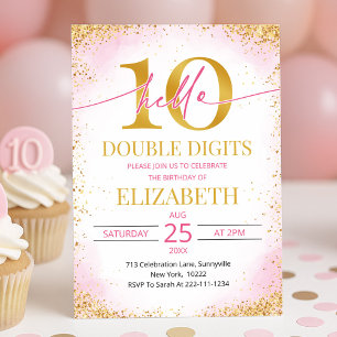 Elegant Pink Double Digits Girl 10th Birthday  Invitation