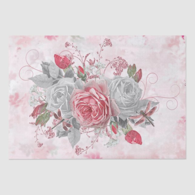 Elegant Pink Dragonfly and Roses Decoupage Tissue Paper (Front)
