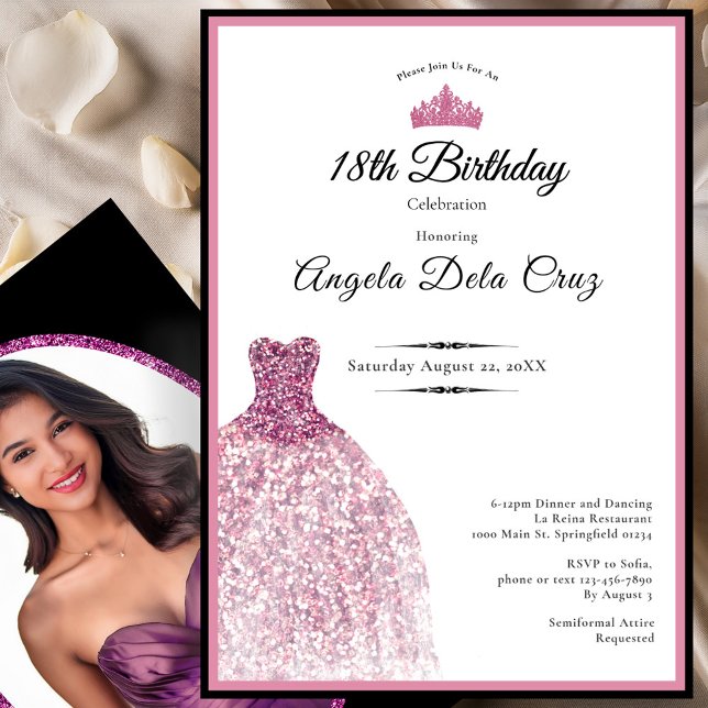 Elegant pink dress 18th birthday debut invitation (Creator Uploaded)