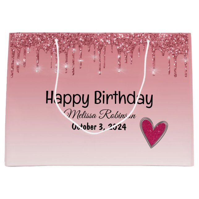 Elegant Pink Dripping Glitter Happy Birthday  Large Gift Bag (Front)