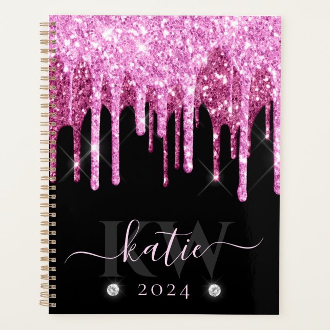 Elegant Pink Dripping Glitter Monogram Planner (Front)