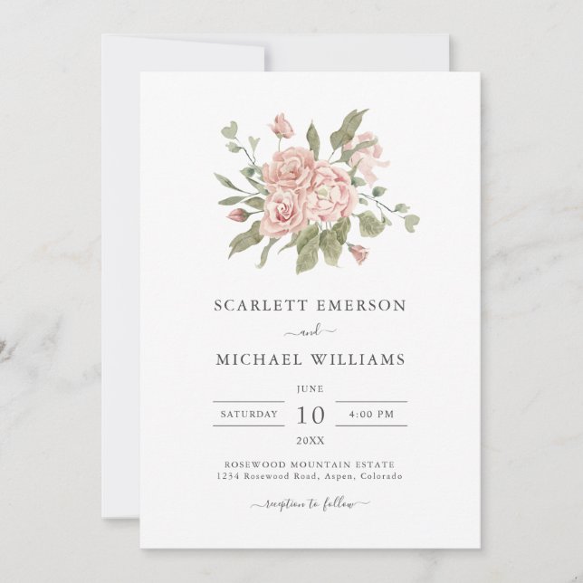 Elegant Pink Dusty Roses Wedding Invitation (Front)