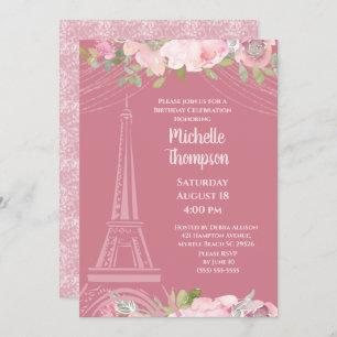 Elegant Pink Eiffel Tower Paris  Birthday     Invitation