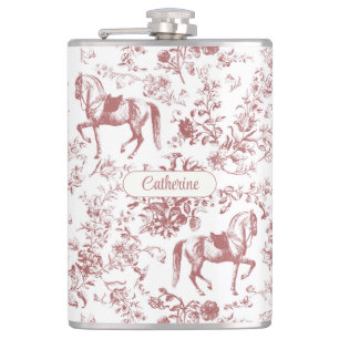 Elegant Pink Equestrian Floral Toile Name Hip Flask