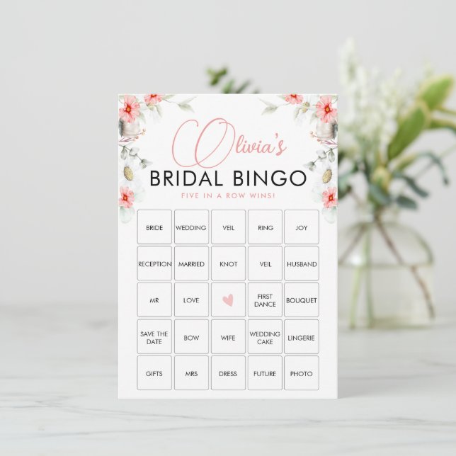 Elegant Pink Eucalipt Wildflowers Bingo Game Card (Standing Front)
