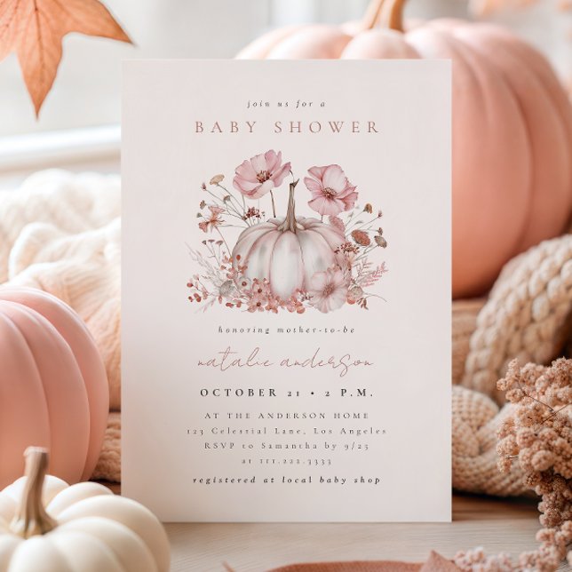 Elegant Pink Fall Pumpkin Baby Shower Invitation (Creator Uploaded)