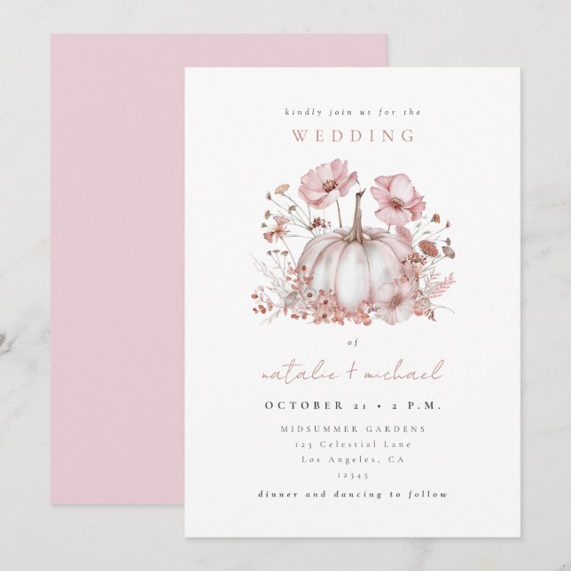 Elegant Pink Fall Pumpkin Wedding Invitation (Front/Back)
