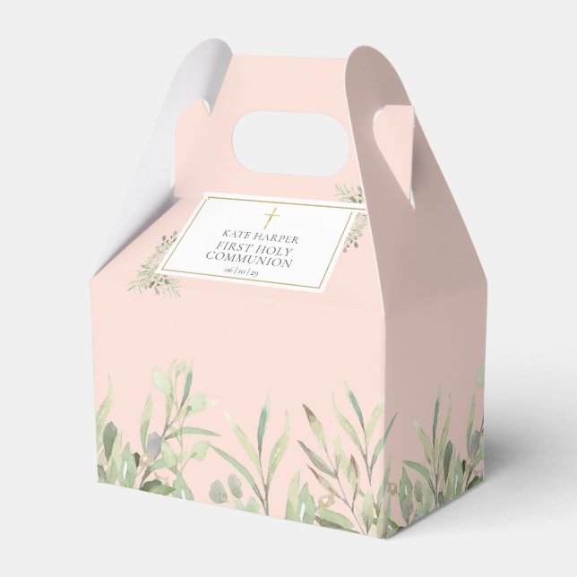 Elegant Pink First Holy Communion Greenery Favour Box (Front Side)