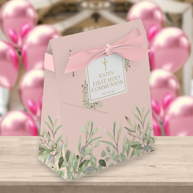 Elegant Pink First Holy Communion Greenery Floral Favour Box (Creator Uploaded)