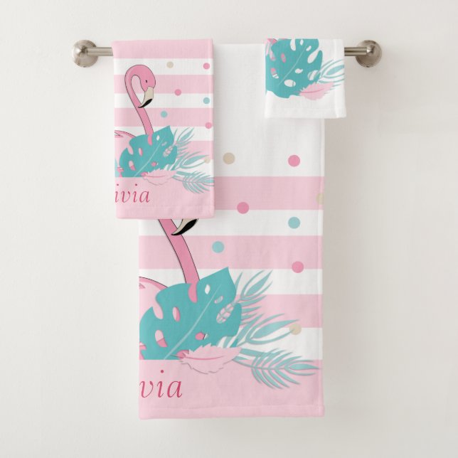 Elegant Pink Flamingo and Tropical Leaves Bath Towel Set (Insitu)