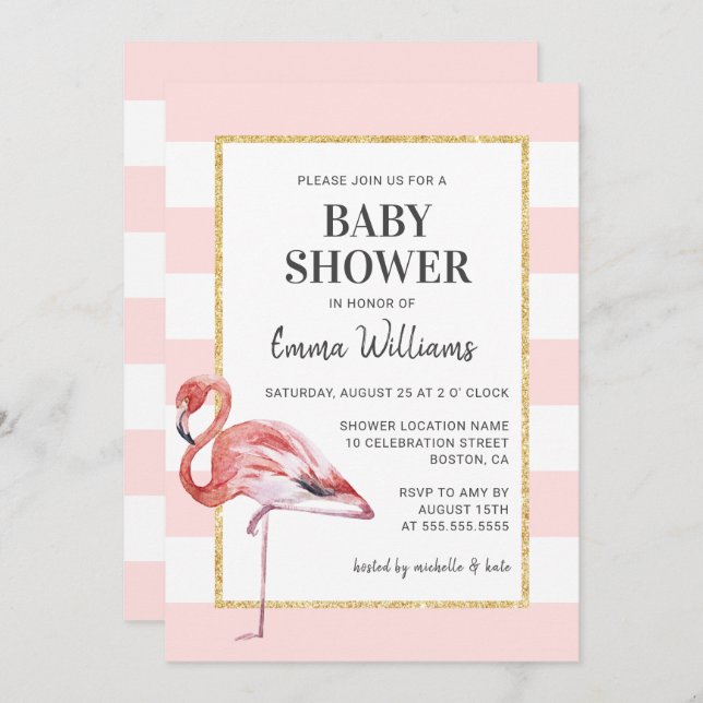 Elegant Pink Flamingo Baby Shower Invitations (Front/Back)
