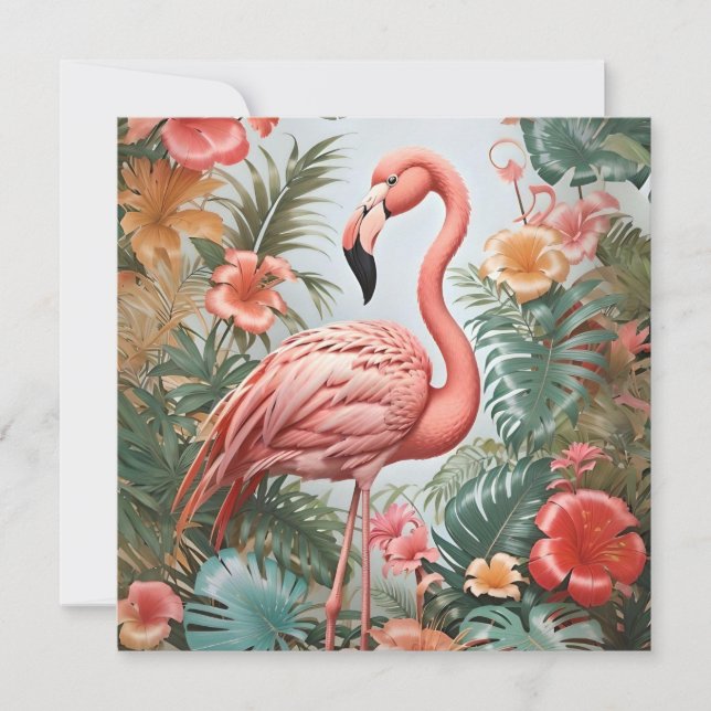 Elegant Pink Flamingo Bird and Tropical Flowers (Front)