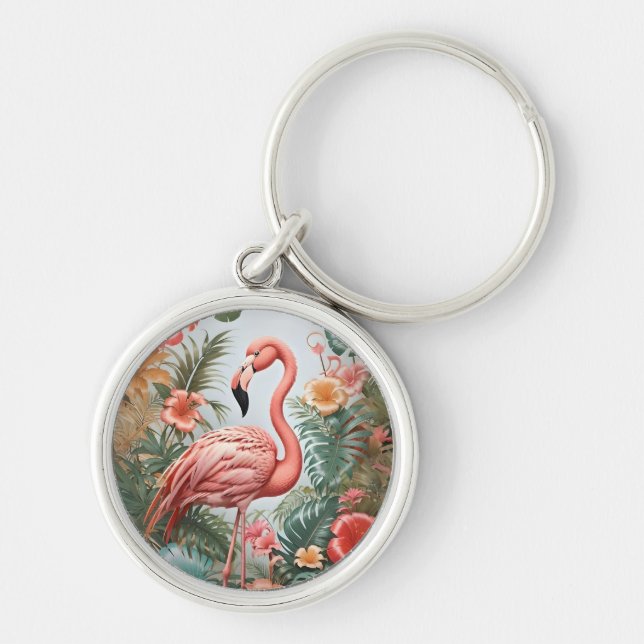 Elegant Pink Flamingo Bird and Tropical Flowers Key Ring (Front)
