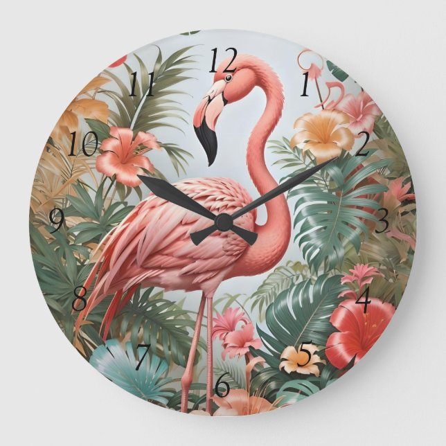 Elegant Pink Flamingo Bird and Tropical Flowers Large Clock (Front)