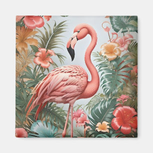 Elegant Pink Flamingo Bird and Tropical Flowers Magnet