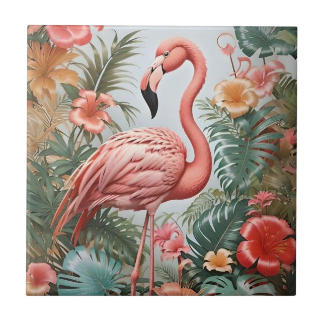 Elegant Pink Flamingo Bird and Tropical Flowers Tile (Front)