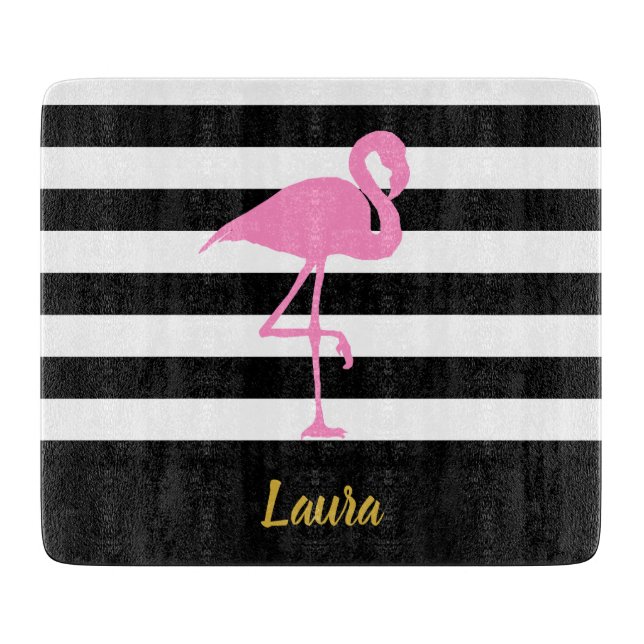 Elegant Pink Flamingo Black White Gold Script Name Cutting Board (Front)