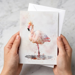 Elegant Pink Flamingo standing in Watercolor Card