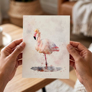 Elegant Pink Flamingo standing in Watercolor Postcard