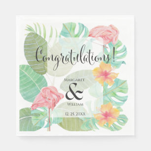 Elegant Pink Flamingo, Tropical leaves and flower Napkin