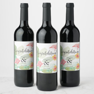 Elegant Pink Flamingo, Tropical leaves and flower  Wine Label