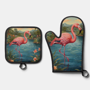 Elegant pink flamingo tropical paradise   oven mitt & pot holder set