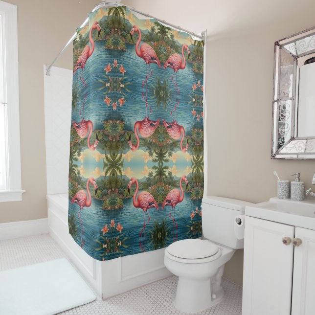 Elegant pink flamingo tropical paradise   shower curtain (In Situ)