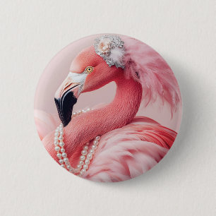 Elegant Pink Flamingo with Pearls and Feathers  6 Cm Round Badge