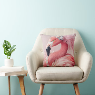 Elegant Pink Flamingo with Pearls and Feathers  Cushion