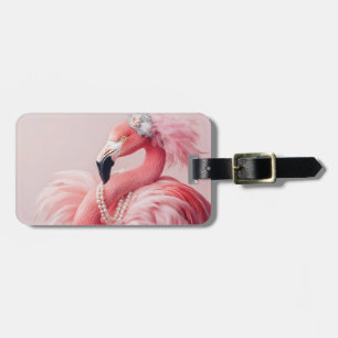 Elegant Pink Flamingo with Pearls and Feathers Luggage Tag