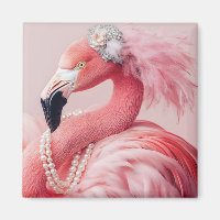 Elegant Pink Flamingo with Pearls and Feathers 