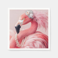 Elegant Pink Flamingo with Pearls and Feathers