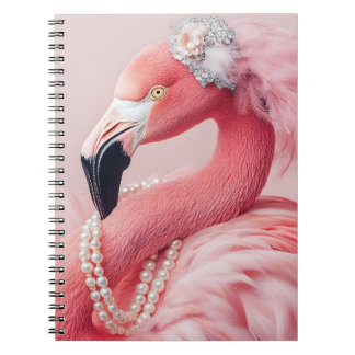 Elegant Pink Flamingo with Pearls and Feathers  Notebook
