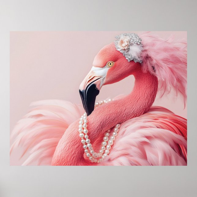Elegant Pink Flamingo with Pearls and Feathers  Poster (Front)