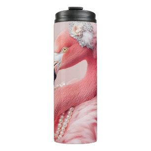 Elegant Pink Flamingo with Pearls and Feathers  Thermal Tumbler