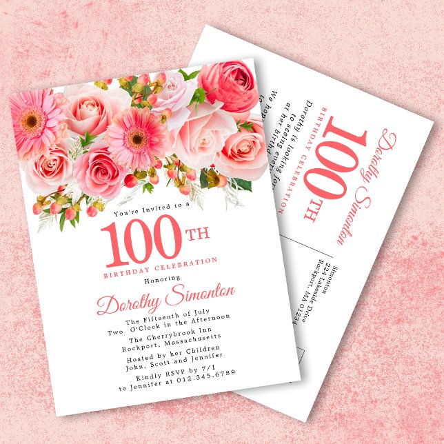 Elegant Pink Floral 100th Birthday Invitation Postcard (Creator Uploaded)