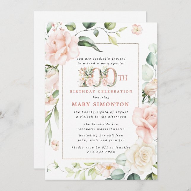 Elegant Pink Floral 100th Birthday Party Invitation (Front/Back)