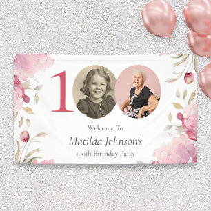 Elegant Pink Floral 100th Birthday Party Welcome Banner