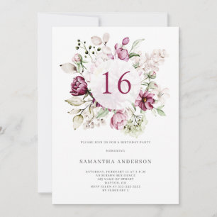 Elegant Pink Floral 16th Birthday Party Invitation