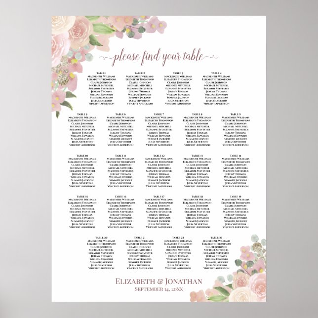 Elegant Pink Floral 23 Table Wedding Seating Chart (Front)