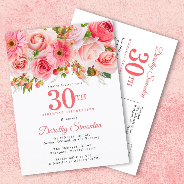 Elegant Pink Floral 30th Birthday Invitation Postcard (Creator Uploaded)